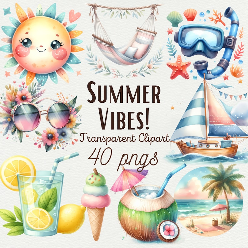 Transform your summer projects with the Watercolor Summer Vibes Collection Clipart. This bundle includes pool party PNGs, vacation illustrations, and beach elements for commercial use.