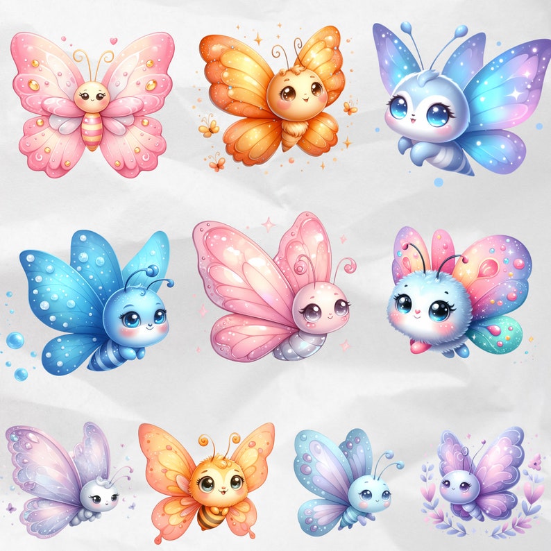 Bring your projects to life with Watercolor Butterfly Clipart, offering kawaii butterflies with floral details. Ideal for spring and pastel-themed designs, these colorful butterfly PNGs are great for commercial use.