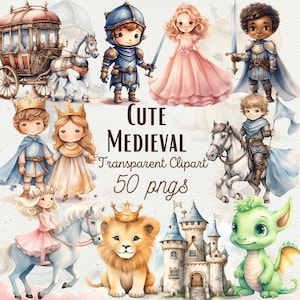 Aquarell Mittelalter Clipart Kleine Prinzessin Clipart Aquarell Prinzessin Clipart Aquarell Schloss Clipart PNG Ritter PNG Baby Drache Clipart