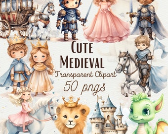 Puede incluir: Un conjunto de 50 imágenes de clipart digital que presentan personajes, animales y objetos medievales encantadores. Las imágenes incluyen una princesa, un príncipe, un caballero, un dragón, un león, un castillo, un carruaje y un caballo. Las imágenes están en un estilo de acuarela y son perfectas para crear invitaciones, tarjetas y otras manualidades.
