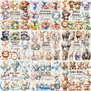 Create enchanting nursery decor with the Cute Animals Clipart 500+ Mega Bundle. This extensive collection of watercolor animal PNGs is perfect for stickers, nursery art, and other commercial use projects.
