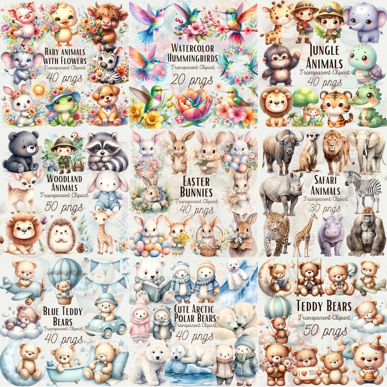 Create enchanting nursery decor with the Cute Animals Clipart 500+ Mega Bundle. This extensive collection of watercolor animal PNGs is perfect for stickers, nursery art, and other commercial use projects.