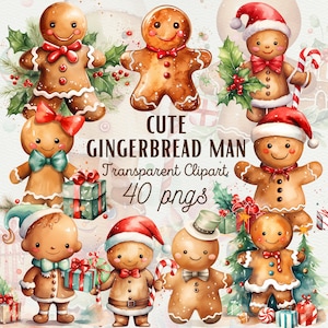 ClipArt di omino di pan di zenzero ClipArt di uomo di Natale dell'acquerello Omino di pan di zenzero PNG Decorazione di invito di Natale Pacchetto di clip art di biscotto di Natale