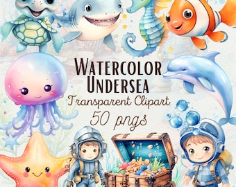 Aquarell Unterwasser Clipart: Süße Meerestiere PNG (digitaler Download)