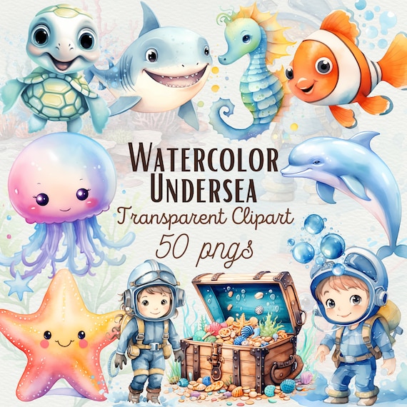 Watercolor Undersea Clipart Cute Ocean Baby Animals Watercolor Ocean PNG Sea Animal Designs Nursery Decor Jellyfish Seagrass Octopus Turtle
