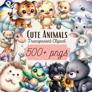 Simpatici animali Clipart 500+ Mega Bundle Clipart Acquerello Animali PNG Clipart Nursery Decor Animali PNG Adesivo Disegni di animali Uso commerciale