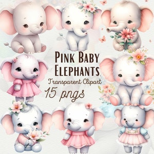 15 babyolifant clipart roze olifant PNG bundel babyshower schattige olifant PNG roze kinderkamer decor schattige olifant ontwerpen PNG commercieel gebruik
