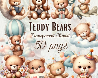 May include: A collection of cute teddy bear illustrations in various poses, including a teddy bear reading a book on a crescent moon, a teddy bear on a swing, a teddy bear holding a gift, a teddy bear flying in a plane, a teddy bear sleeping on a cloud, a teddy bear holding a bouquet of flowers, a teddy bear holding a sign that says "I love you", a teddy bear holding a peace sign, and a teddy bear holding a birthday cake. The illustrations are in a cartoon style and are perfect for use in scrapbooking, card making, and other craft projects.