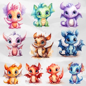 Watercolor Baby Dragons: Clipart illustrations with watercolor elements, showcasing cute baby dragons in various poses and expressions