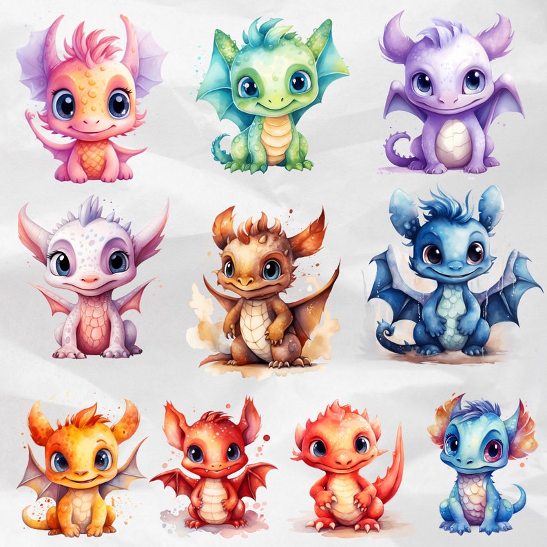 Watercolor Baby Dragons: Clipart illustrations with watercolor elements, showcasing cute baby dragons in various poses and expressions