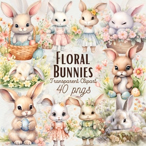 Acuarela floral conejito clipart vivero primavera clipart lindo conejito de Pascua PNG acuarela Boho conejito clipart bebé vivero decoración uso comercial
