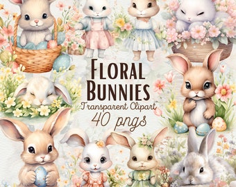 Watercolor Floral Bunny Clipart, Spring Nursery Decor (40 PNG)