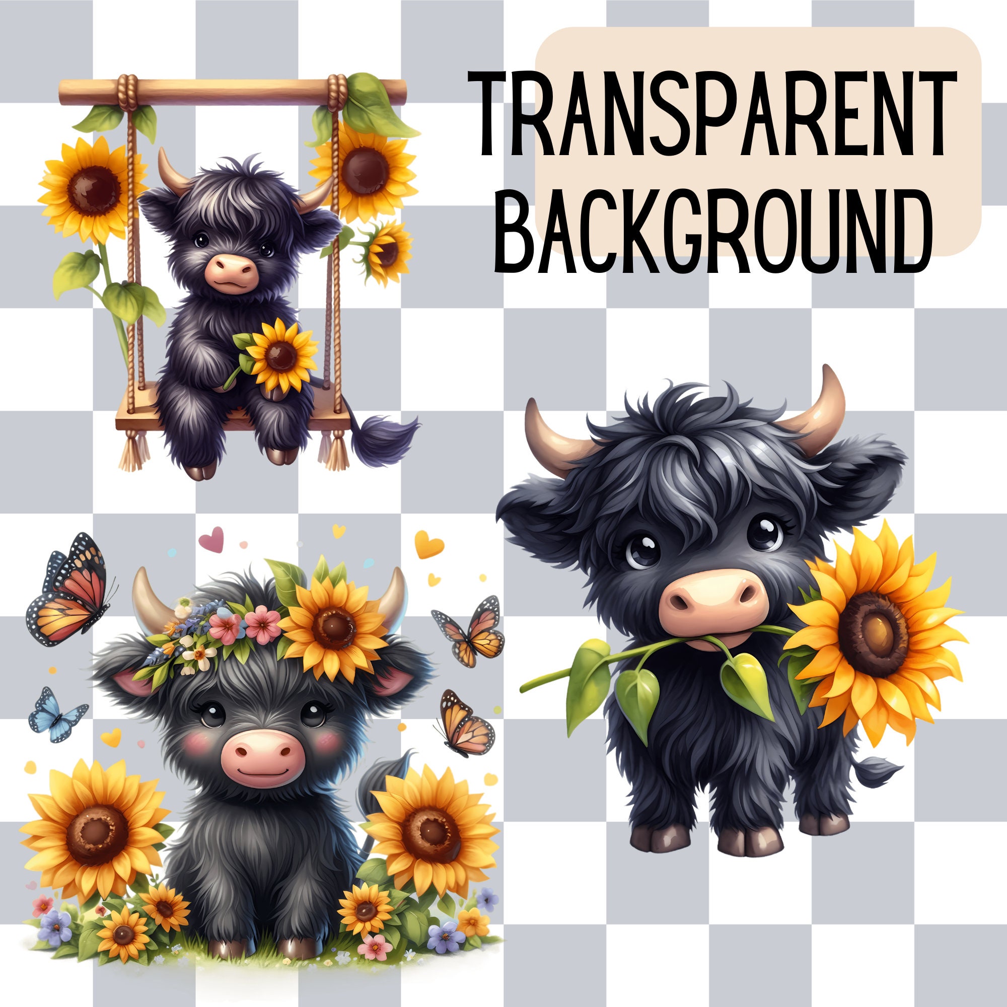 Sunflower Highland Cow Clipart Black Floral Highland Cows PNG Cute ...