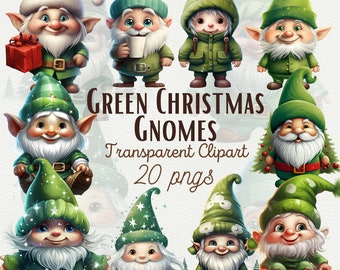 May include: A set of 20 digital clipart images featuring green Christmas gnomes with various expressions and accessories. The gnomes are wearing red and green hats, holding gifts, mugs, and Christmas trees. The text "GREEN CHRISTMAS GNOMES Transparent Clipart 20 pngs" is displayed at the top of the image.