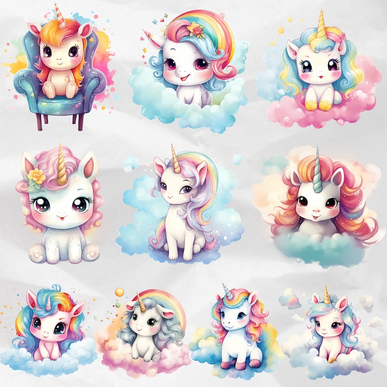 Unicorn Baby Party Decor: Make baby parties magical with cute kawaii unicorn clipart. Watercolor style and vibrant colors bring enchantment to decor and creative projects. Commercial use allowed