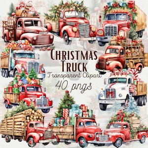 Acuarela Vintage Navidad Camión Clipart Camión de Navidad PNG Paquete Camioneta Roja Clipart Invierno Clipart para Sublimación Scrapbooking