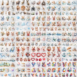 Transform your projects with the Cute Animals Clipart 500+ Mega Bundle. This collection includes a variety of watercolor animal PNGs, perfect for nursery decor, stickers, and other commercial use designs.