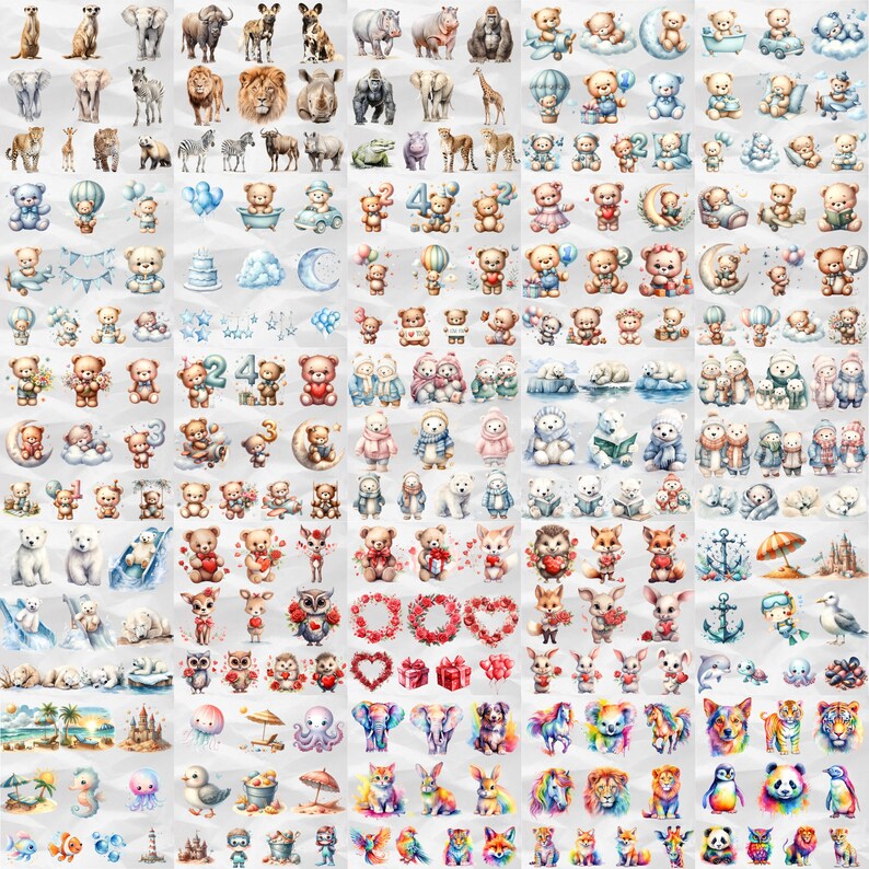 Transform your projects with the Cute Animals Clipart 500+ Mega Bundle. This collection includes a variety of watercolor animal PNGs, perfect for nursery decor, stickers, and other commercial use designs.