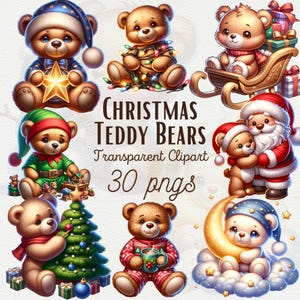 Lindos osos de peluche navideños Clipart PNG Acuarela Oso de peluche Cliaprt Acuarela Animal del bosque navideño PNG Regalo de Navidad DIY Arte de guardería