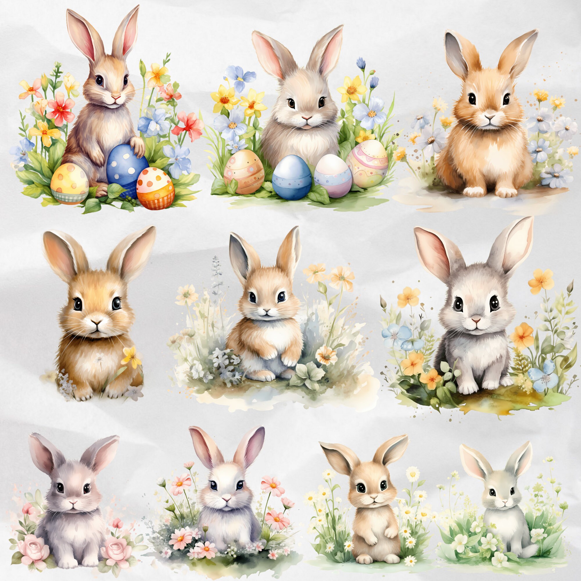 Watercolor Floral Bunny Clipart Bunnies and Wildflowers Clipart Nursery ...