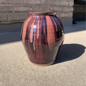 Handmade Studio Pottery Vase by M. Schulz – Drip Glaze, Rustic Red & Black 8” heavy