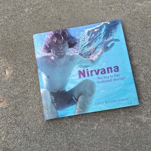 May include: A square hardcover book titled Nirvana The Day to Day Illustrated Journals by Carrie Borzillo-Vrenna. The cover features a photograph of a person swimming underwater in blue water, with the title text printed in purple and white.