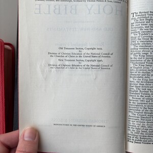 May include: The copyright page of a Holy Bible, featuring text stating Old Testament Section Copyright 1952 and New Testament Section Copyright 1946 by the Division of Christian Education of the National Council of the Churches of Christ in the USA.