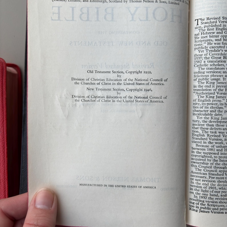 May include: The copyright page of a Holy Bible, featuring text stating Old Testament Section Copyright 1952 and New Testament Section Copyright 1946 by the Division of Christian Education of the National Council of the Churches of Christ in the USA.