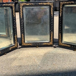 Antique 1890-1910 Tri-Fold Vanity Mirror | Late Victorian Folding Tabletop Mirror with Regency-Style Art Panels