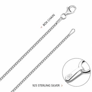 Sterling silver box chain necklace with lobster clasp and a close-up of the 925 stamp on the clasp tag