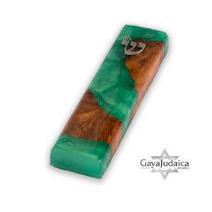 Handmade Olive Wood Mezuzah with Turquoise Epoxy - Religious Gift for Jewish Door Home - Judaica Accessory - Gift from Holy City