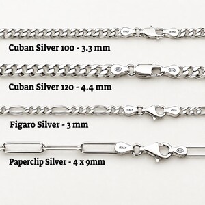 Sterling silver chain close-ups with Italy 925 clasps: 3.3mm and 4.4mm Cuban chains, 3mm figaro chain and 4 x 9mm paperclip chain
