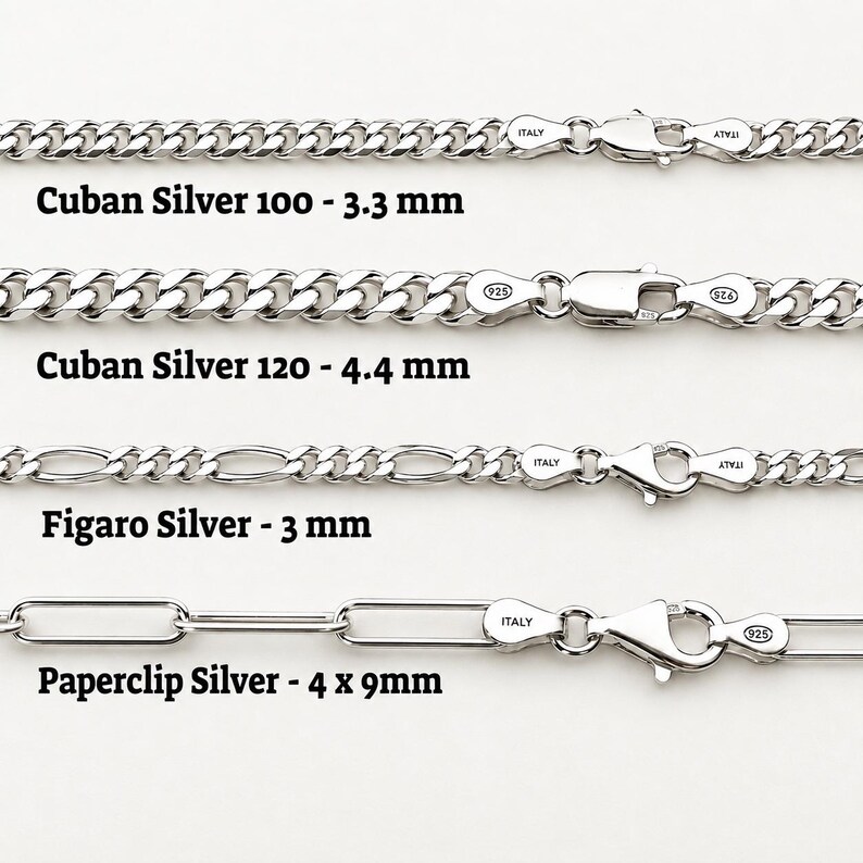 Sterling silver chain close-ups with Italy 925 clasps: 3.3mm and 4.4mm Cuban chains, 3mm figaro chain and 4 x 9mm paperclip chain