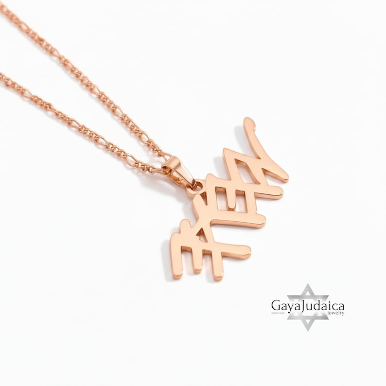 May include: Rose gold necklace with a pendant spelling out the word "MEH" in Hebrew script. The necklace has a delicate chain and is displayed on a white background. The jewelry is from Gaya Judaica.