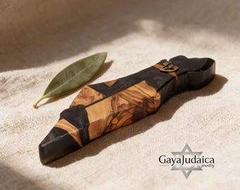 Handmade Olive Wood Mezuzah: Israel Map Epoxy Resin, Jewish Home Decor