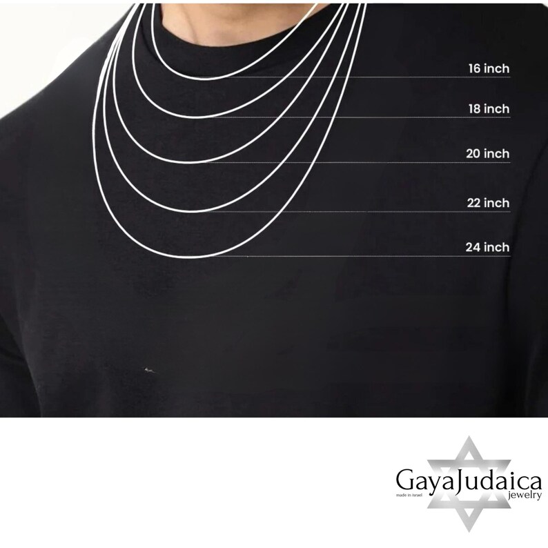 May include: A black shirt with white lines illustrating necklace lengths: 16, 18, 20, 22, and 24 inches. The Gaya Judaica jewelry logo is at the bottom. This image is for jewelry product display.