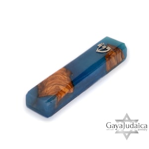 Handmade Olive Wood and Blue Epoxy Mezuzah Case – Jewish Home Blessing from the Holy Land – Unique Judaica Gift.