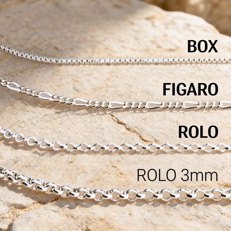 Labeled sterling silver chains on travertine stone: box, figaro, rolo and 3mm rolo chains to compare link size and style
