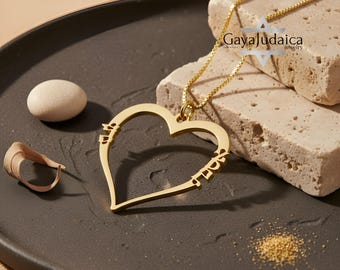 14k gold heart necklace charm - Hebrew Name Engraving- Jewish Mother's Gift