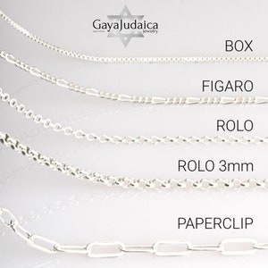 May include: Five different types of silver chains are displayed on a white background. The chains are labeled "Box", "Figaro", "Rolo", "Rolo 3mm", and "Paperclip".