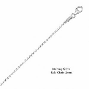 2mm sterling silver rolo chain with lobster clasp on a white background, a dainty chain for a small pendant