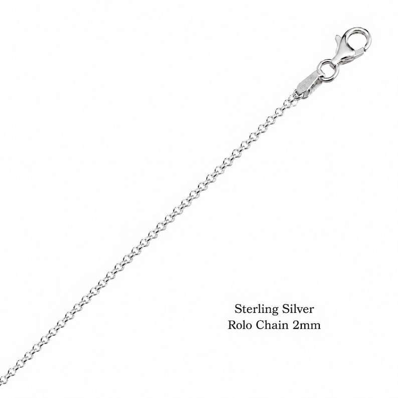 2mm sterling silver rolo chain with lobster clasp on a white background, a dainty chain for a small pendant