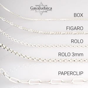 May include: A selection of silver chain necklaces, including Box, Figaro, Rolo, Rolo 3mm, and Paperclip styles. The image displays the different chain designs with the names of each style labeled in a clear font. The jewelry is displayed against a light background.