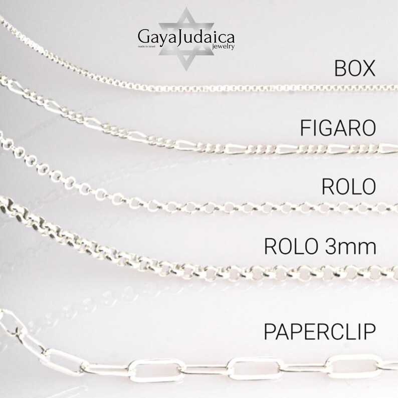 May include: A selection of silver chain necklaces, including Box, Figaro, Rolo, Rolo 3mm, and Paperclip styles. The image displays the different chain designs with the names of each style labeled in a clear font. The jewelry is displayed against a light background.