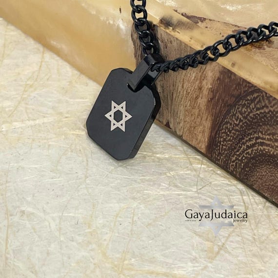 Personalized Black Onyx Initial Necklace: Stainless Steel Hebrew Jewelry