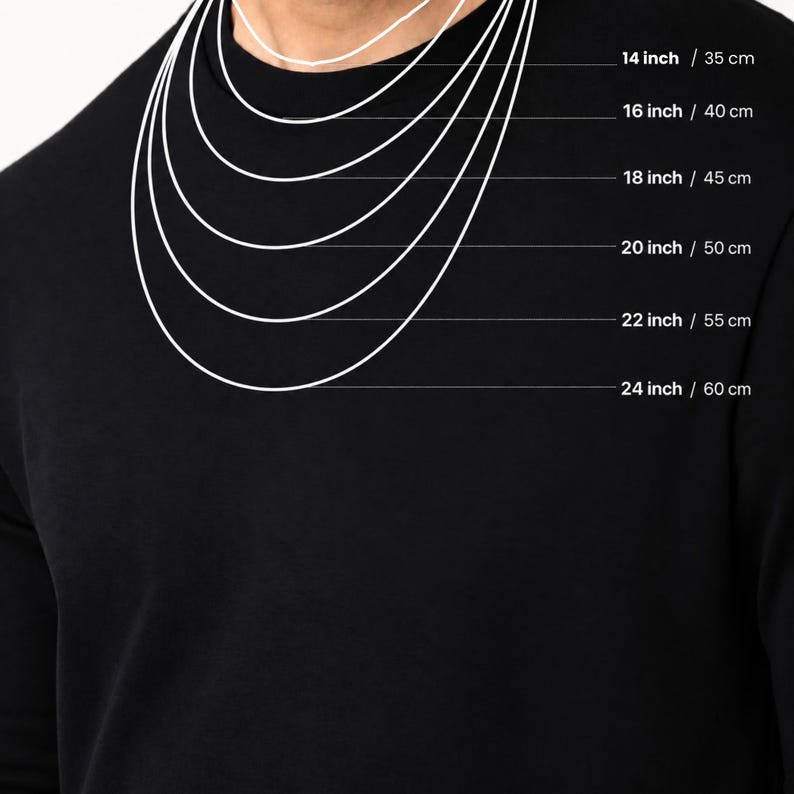 Sterling silver chain length guide on a man showing 14, 16, 18, 20, 22 and 24 inch necklace chains in inches and cm