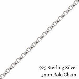 3mm sterling silver rolo chain close-up with sturdy round links, a strong chain for larger pendants