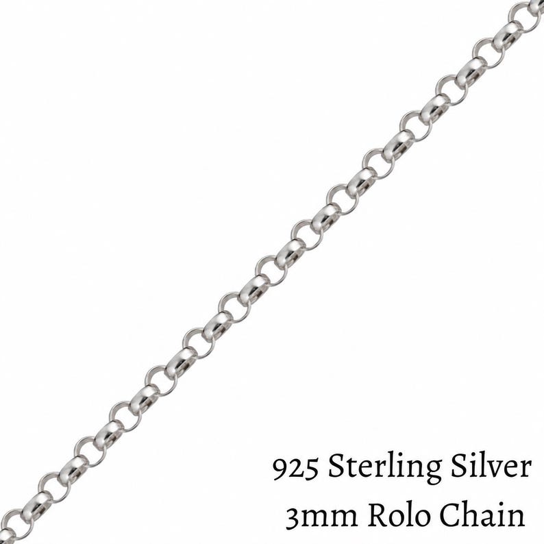 3mm sterling silver rolo chain close-up with sturdy round links, a strong chain for larger pendants