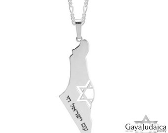 Engraved Israel Map Necklace - Sterling Silver Map of Israel with Magen David and am Yisrael Chai Engraved in Hebrew Letters - Jewish Gift