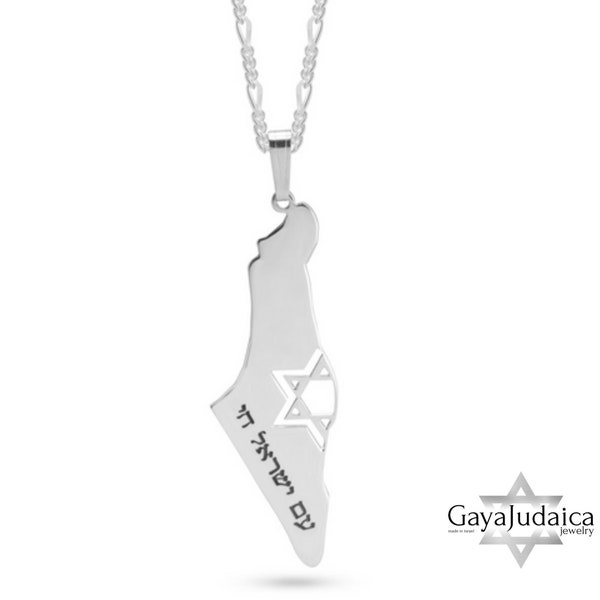 Engraved Israel Map Necklace - Sterling Silver Map of Israel with Magen David and am Yisrael Chai Engraved in Hebrew Letters - Jewish Gift